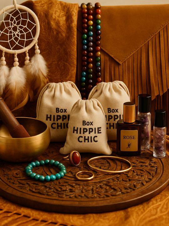 Sélection de bijoux et objets bohème chic soigneusement disposés